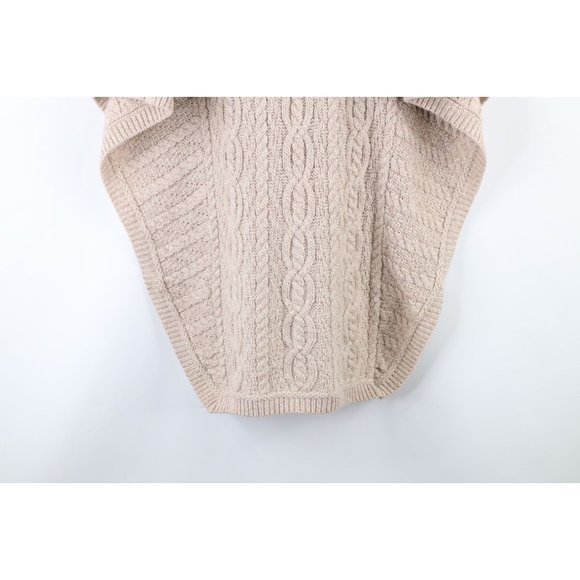 Vintage 90s Womens Small Chunky Donegal Wool Knit Fisherman Poncho Sweater Beige - Picture 9 of 9